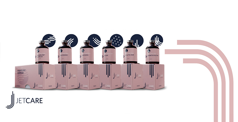 Eine Serie von JetCare-Produkten, darunter Adrelene Complex und Soothing Serum, die für die JetPeel-Behandlung verwendet werden, um die Haut zu beruhigen und zu revitalisieren.